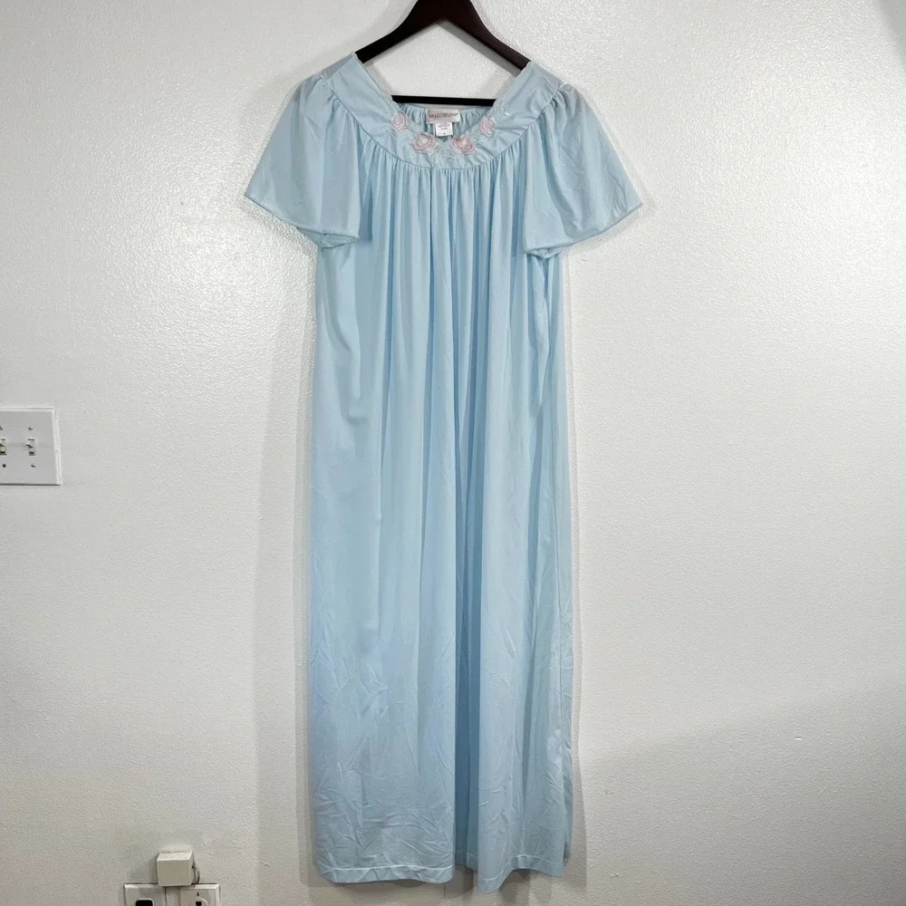 Shadowline Nightgown Size Medium Blue Floral Embroidered Flutter Sleeve Maxi